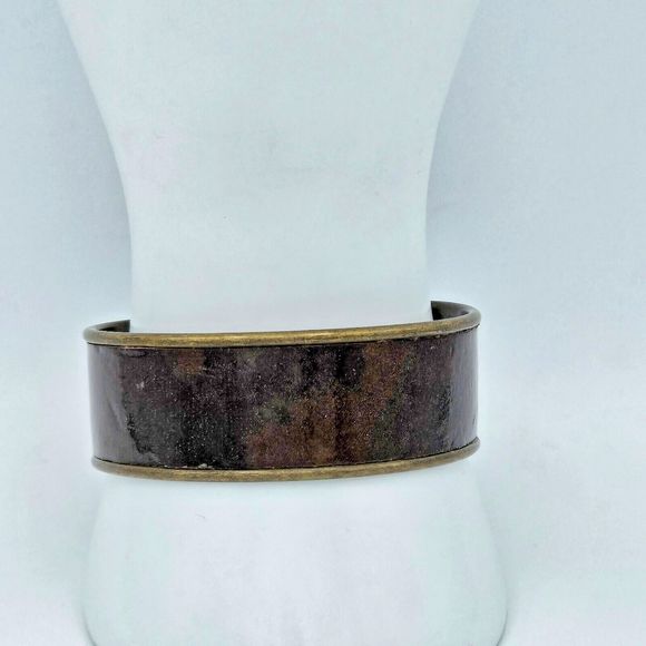 Rustic Brass Tone Cuff Bracelet Faux Brown Leather Unisex Western Jewelry - Picture 4 of 10